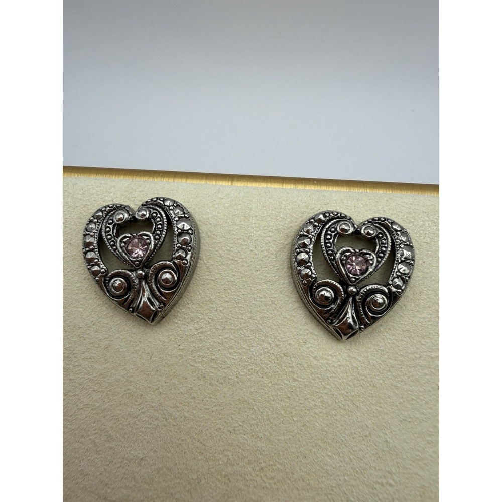 Vintage Avon Heart Earrings‎ Marcasite & Rhinestone Pierced Elegant Era